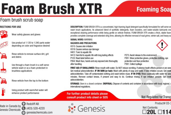 Foam Brush XTR - Genesis Canada High Foaming Brush Detergent for car wash and truck wash Product Label.