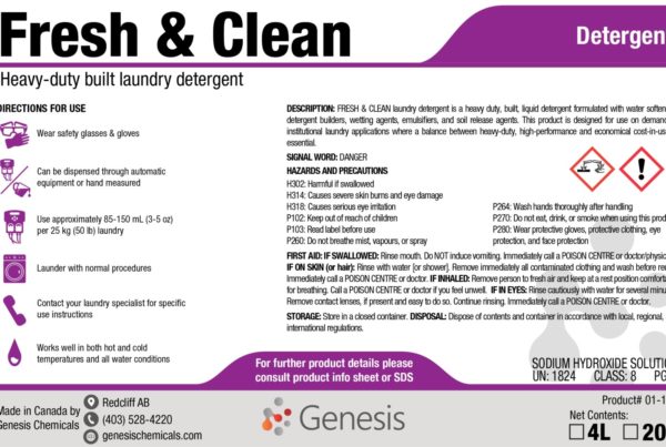 Fresh & Clean - Genesis Canada Heavy duty built liquid laundry detergent for use in commercial and for sensitive clothes laundering. Use in hospitals, nursing homes, clinics Product label.