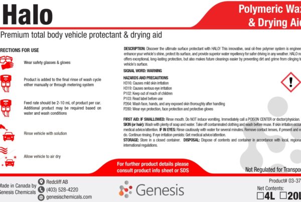 Halo - Genesis Canada Carwash Car and Truck Total Body Protection Liquid Polymer Wax Protectant and Water Repellant Product Label.