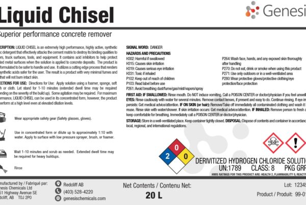 Liquid Chisel - Genesis Canada Acid Truck Wash. Performance Concrete Remover & Truck Wash Detergent Product label.