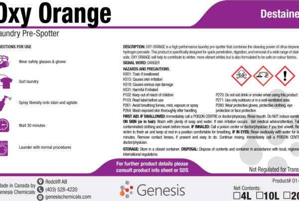 Oxy Orange Pre-Spotter - Genesis Canada Laundry Spot Cleaner and prewash to remove soil, stains, and brighten clothing with oxygen and citrus action product label.