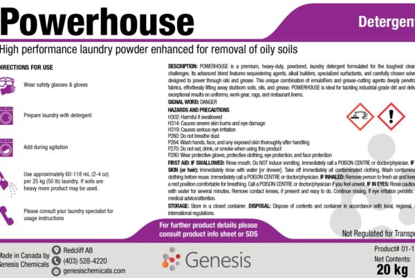 Powerhouse LD - Genesis Canada Heavy Duty Powdered Laundry Detergent for commercial and industrial laundering with built in brightener and whitening agents removes soils product label.
