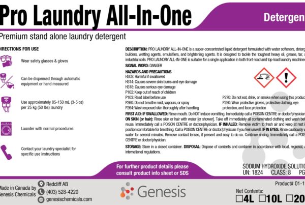 Pro Laundry All-In-One - Genesis Canada Premium Stand-Alone Laundry Detergent works as one without need for fabric softener and neutralizer to leave fabrics clean and soft Product Label.