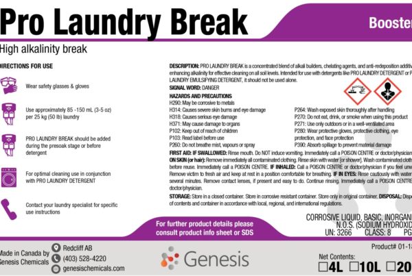 Pro Laundry Break - Genesis Canada Heavy duty liquid alkali booster for commercial and industrial laundry product label.