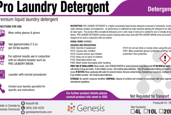 Pro Laundry Detergent - Genesis Canada Commercial Industrial or home use premium liquid laundry detergent with built in whiteners and brighteners for clothes and fabrics product label