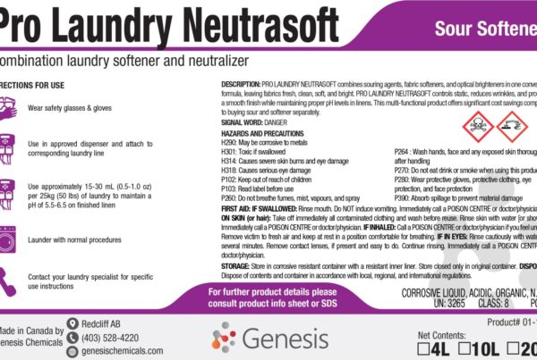 Pro Laundry NeutraSoft - Genesis Canada Premium Combo Neutralizer & Fabric Softener for use in commercial. industrial laundry facilities. Leaves fabrics pH Neutral, conditioned, soft and fluffy Product Label