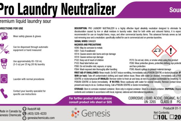 Pro Laundry Neutralizer - Genesis Canada premium liquid laundry sour to pH balance and aid in recovering discoulouration from iron rust stains product label