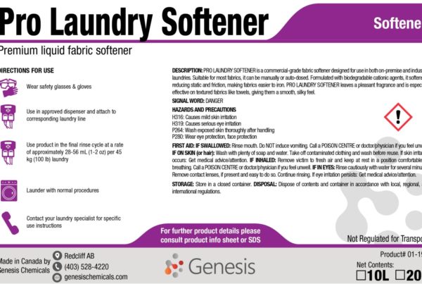 Pro Laundry Softener - Genesis Canada Premium liquid fabric softener for use in commercial. industrial, and residential laundry facilities. Leaves fabrics conditioned product label.