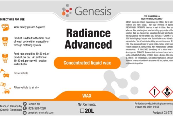 Radiance - Genesis Canada Foaming Carwash Car and Truck Wax Protectant and Drying Aid Product Label.