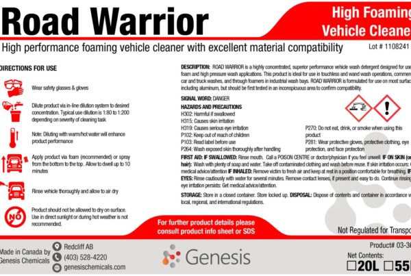 Road Warrior - Genesis Canada High Performance Foaming Vehicle Cleaner. Liquid Carwash Detergent Product Label.