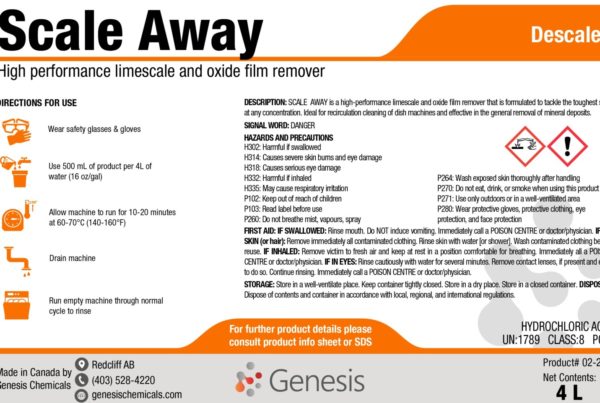 Scale Away - Genesis Canada - Lime Scale and Oxide Film Remover, Descaler and pH balance for warewash product labe