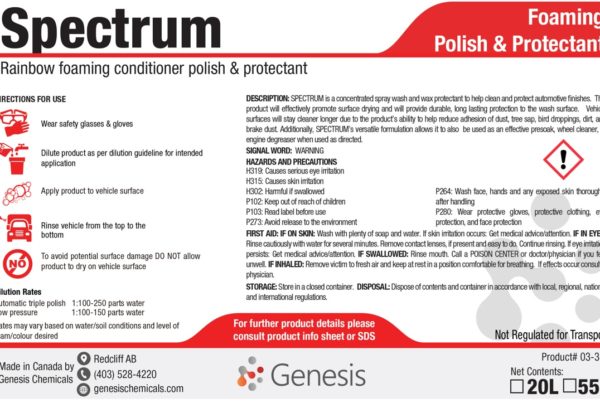 Spectrum - Genesis Canada Foaming Carwash Car and Truck Rainbow Foaming Polish Wax Protectant Product Label. Foaming Liquid