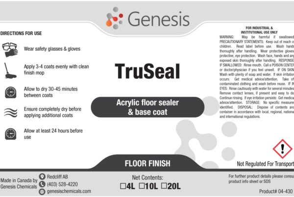 TruSeal Stage 2 - Genesis Canada acrylic floor sealer and base coat for flooring protection. Seals and leaves building gloss on floors Product Label