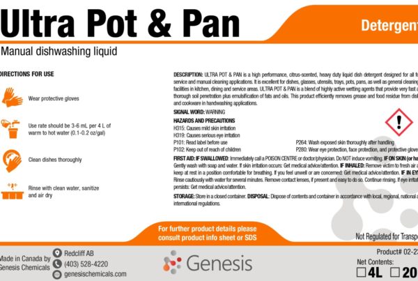 Ultra Pot & Pan - Genesis-Canada Premium Heavy Duty Pot, Pan & Dish Detergent. High Performance Any Temperature Concentrated Manual Dish Detergent that leaves all warewash sparkling clean Product label