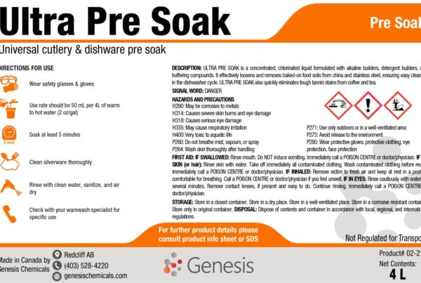 Ultra Pre-Soak - Genesis Canada Presoak and universal cutlery dishware detergent buffer in a concentrated formula for stainless warewash Product label