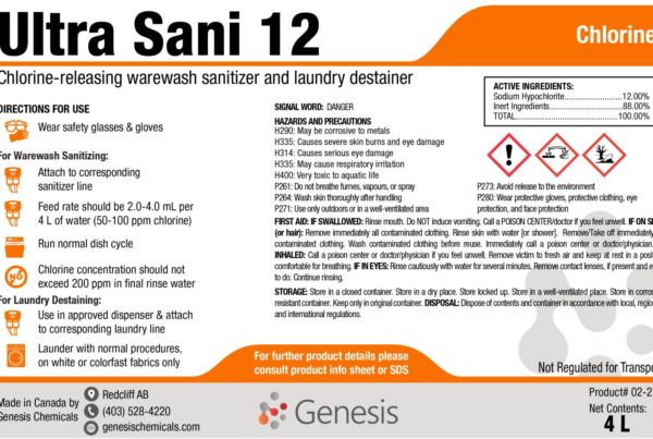 Ultra Sani 6 - Genesis Canada Sanitizer and sanitization for low temperature dish machines, containing chlorine bleach for final rinse in dishmachines product label.