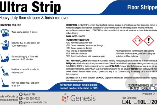 Ultra Strip Stage 1 - Genesis Canada Heavy Duty floor stripper and wax finish remover and cleaner product label.