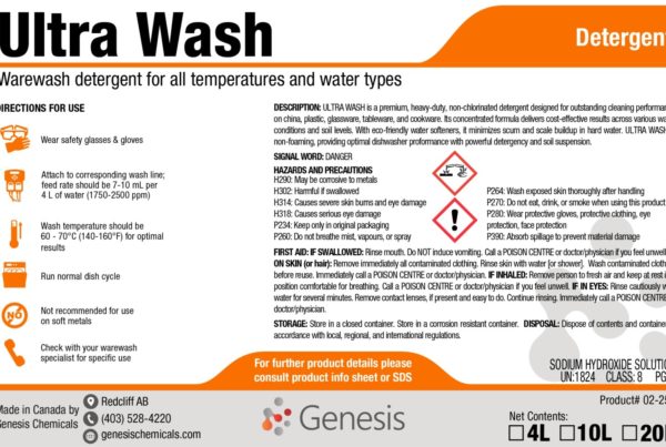 Ultra wash - Genesis Canada Premium high performance warewash detergent for a hard water and any temp or soil level to leave sparkling clean dishes product label.
