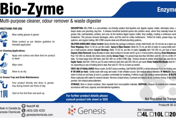 Bio-Zyme - Genesis Canada concentrated enzymatic cleaner and deodorizer for enzyme treatment of carpets, pipes, drains. Environmentally responsible grease digester Product label