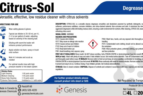 Citrus-Sol - Genesis Canada all purpose neutral solvent cleaner degreaser and deodorizer. cleans with minimal or low residue and leaves fresh citrus scent product label.