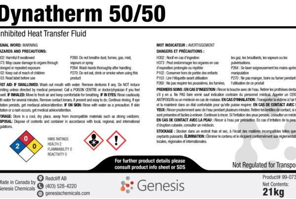 Dynatherm - Genesis Canada Inhibited Ethylene Glycol based Heat Transfer Fluid. Coolant for radiant heat, boilers, HVAC systems, and cooling units product label.