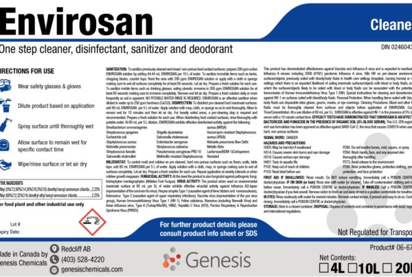 EnviroSan Genesis Canada is a phosphate free, ready-to-use Cleaner, Disinfectant, Sanitizer, Deodorizer, Fungicide, and mildewstat Product label