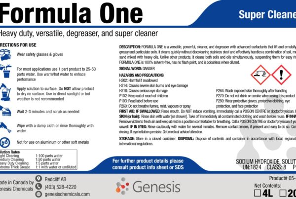 Formula One - Genesis Canada Heavy Duty Degreaser and cleaner for tough grease and grime. Solvent free formula with high tech surfactants to clean oil product label.