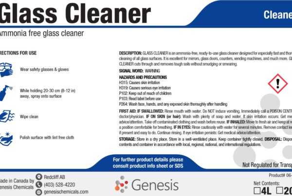 Glass Cleaner - Genesis Canada Ammonia Free Streak Free window and mirror cleaner for no smudge cleaning product label.