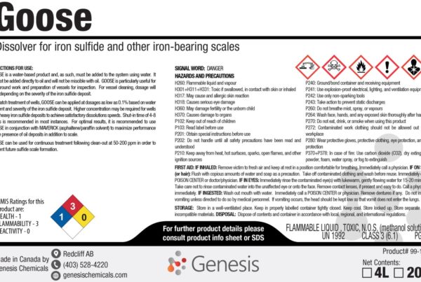 Goose - Genesis Canada Iron Sulfide dissolver for sour systems, gas wells, crude oil tanks, API Separators, and more product label.