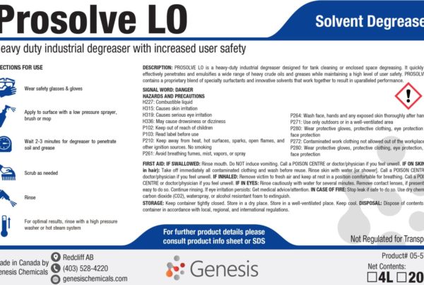 Prosolve LO - Genesis Canada heavy duty industrial degreaser with increased user safety. designed for tight spaces and enclosed spaces like tank cleaning product label.