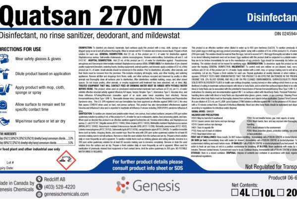 Quatsan 270M - Genesis Canada Health Canada Approved phosphate free, ready-to-use Cleaner, Disinfectant, Sanitizer, Deodorizer, Fungicide, and mildewstat Product label