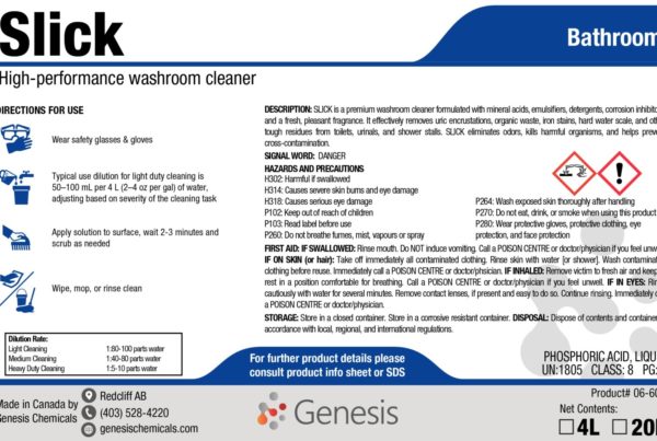 Slick - Genesis Canada Janitorial bathroom cleaner toilet urinal and tile cleaner. Acid based cleaning and rust removing for housekeeping product label.