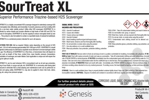 SourTreat XL - Genesis Canada premium high concentration H2S scavenger triazine based water soluble product for drilling, stimulation, production, mining and other applications product label.