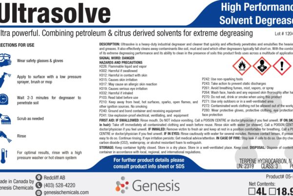 Ultrasolve - Genesis Canada Heavy Duty Industrial Degreaser and cleaner for tough grease, oil, high soil, tar cleanup. high tech solvent and surfactant blend to clean industrial waste. product label