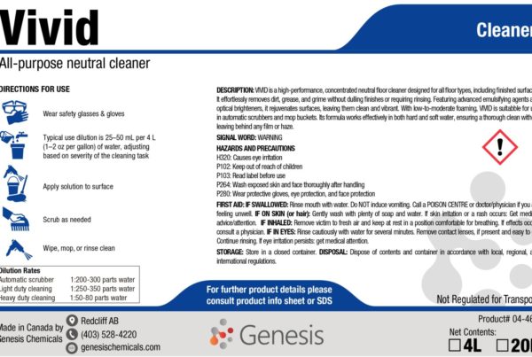 Vivid - Genesis Canada neutral all-purpose cleaner and floor cleaner for hard surfaces. detergent for mops, automatic scrubbers, safe for use will not dull product label.
