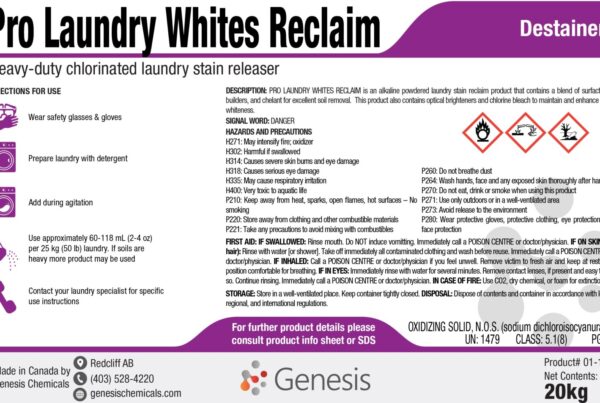 Pro Laundry Whites Reclaim - Genesis Canada - Powdered laundry stain remover - chlorinated destainer laundry detergent product label